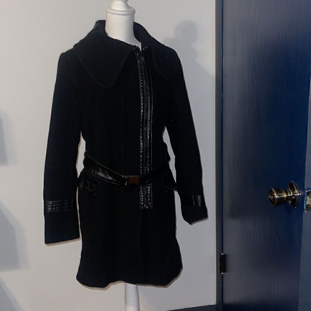 Rudsak military inspired dress coat with leather trim and belt.